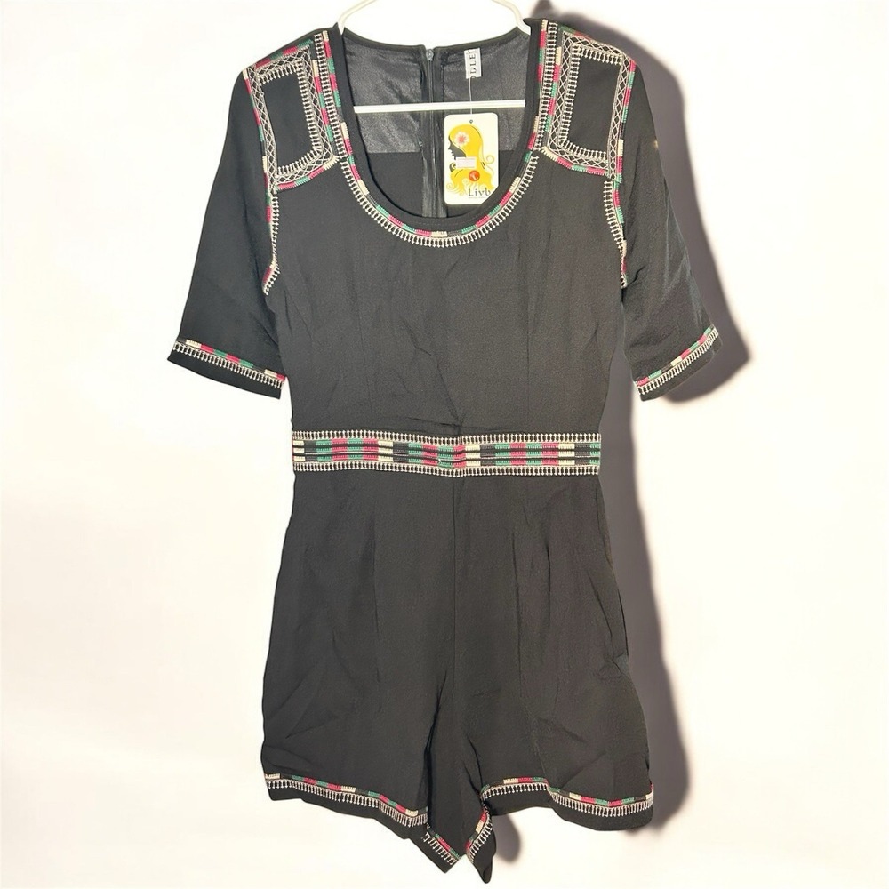 Jodle Romper Women's Large Embroidered Black‎ NWT